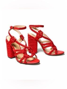 Cabi Tiptoe Red Rope Sandals Block Heel Ankle Strap Boho Chic Size 7